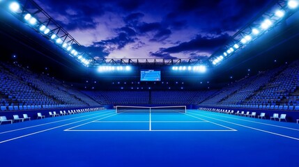 Naklejka premium Grand Tennis Stadium Night View - Night scene, illuminated stadium, blue court, empty seats, anticipation, competition.