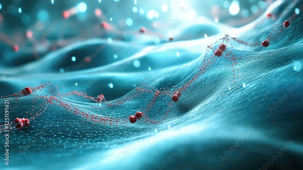 Poster tiny nanomachines assembling themselves into complex patterns.