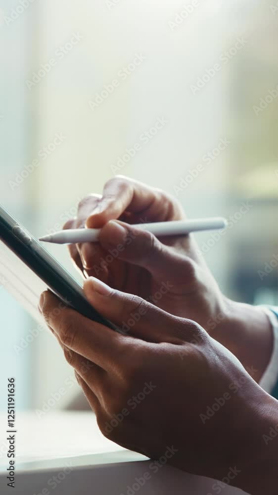 Poster pen, tablet and hands of business person writing in office for website, research and online project.