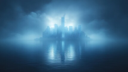 Naklejka premium Foggy city island, night, reflection, mystery, concept art