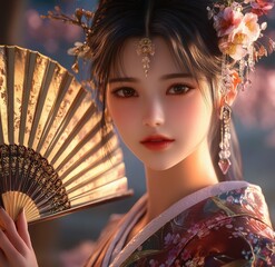 A beautiful Japanese woman in an elegant kimono, holding up her fan with one hand and smiling at the camera