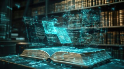 Virtual school in the Metaverse with floating holographic books and AI tutors.