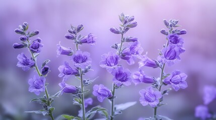 Naklejka premium Purple flowers blooming in a garden at sunset with soft background