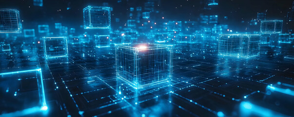 Digital cubes glow in network; data flows