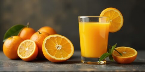 Glass of orange juice sits beside a bowl overflowing with fresh oranges , stock photo, still life