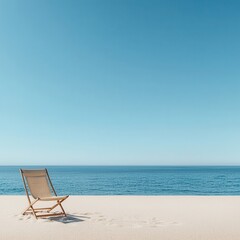 A serene beach scene featuring a single lounge chair on soft sand under a clear blue sky, inviting relaxation by the tranquil sea.