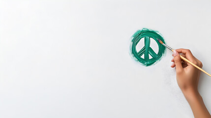 Female hand holding a fine brush painting a peace sign in green, symbolizing unity and hope. A perfect image for marketing, awareness campaigns, and conceptual art. Selective focus