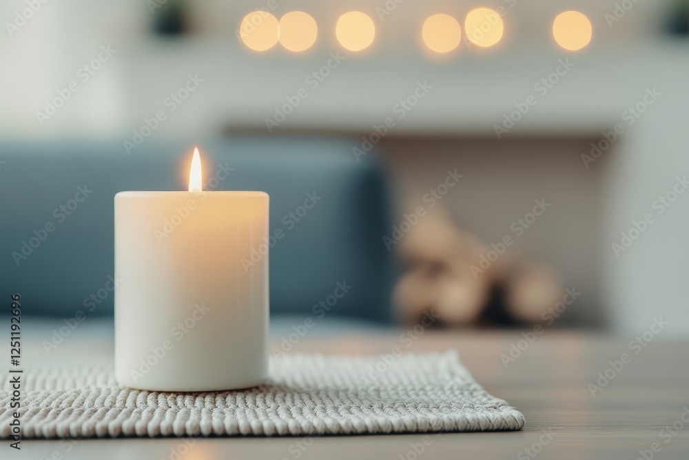 Poster a lit white candle on a textured mat, creating a warm and inviting atmosphere, with a softly blurred