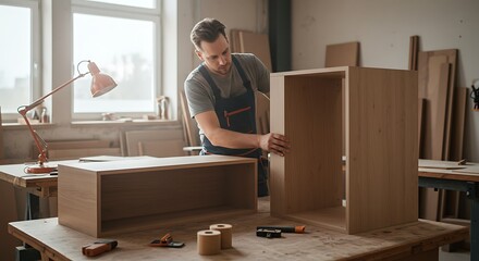 Craftsman assembling wooden cabinet in workshop