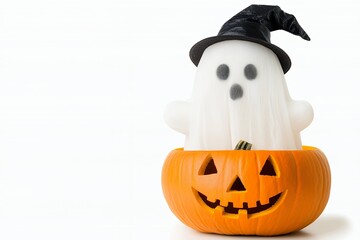 White Ghost In Witch Hat Inside Carved Orange Pumpkin Halloween Decoration