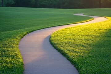 A winding path through lush green grass, illuminated by soft sunlight, invites exploration in a serene outdoor setting.