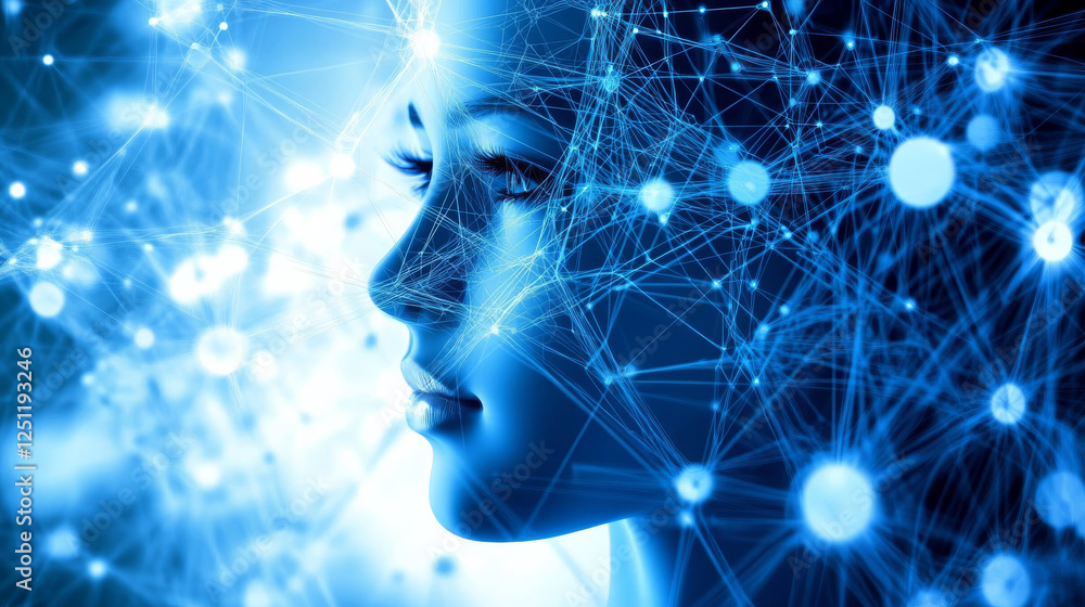 Aufkleber a 3d-rendered abstract blue polygonal network with interconnected dots and lines, representing advan