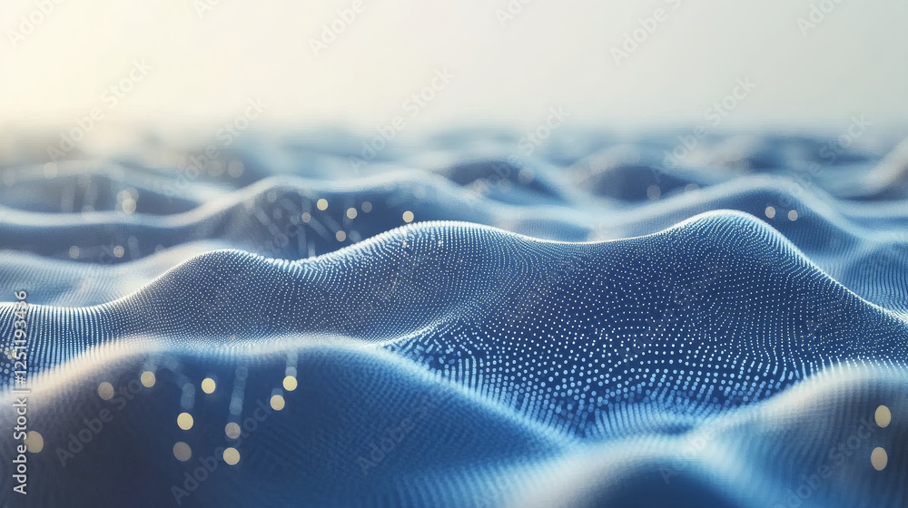 Poster a 3d-rendered abstract blue polygonal network with interconnected dots and lines, representing advan