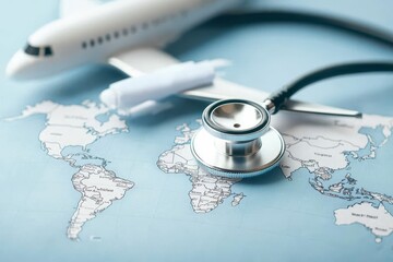 Planning health. Medical travel concept with a stethoscope, airplane, and world map in the background.