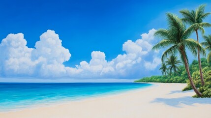 Tropical Beach Paradise - Serene beach, turquoise water, fluffy clouds, palm trees, soft sand. Symbolizing peace, tranquility, escape, paradise, summer.