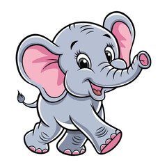 A cheerful baby elephant with big ears and a friendly smile is playing joyfully