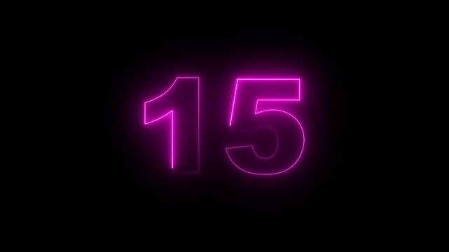 neon glowing  text 15 number countdown icon on black background 4k animation. Neon number 15 with alpha channel,  Energy red neon 15 number.
