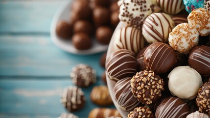 A delicious assortment of chocolate truffles displayed elegantly in a bowl, featuring various toppings and designs that entice anyone with a sweet tooth.
