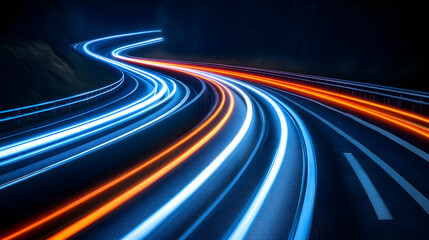 Night highway, speeding cars, light trails, hills