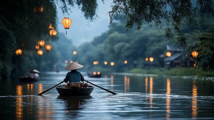 Person rowing boat at dusk, lantern-lit river, Vietnam