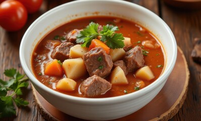 Delicious beef stew in a white bowl