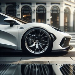 Close-up view of a sleek, white sports car parked on a city street.
