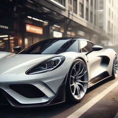 Close-up view of a sleek, white sports car parked on a city street.
