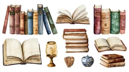 Vintage Watercolor Books and Reading Accessories Collection