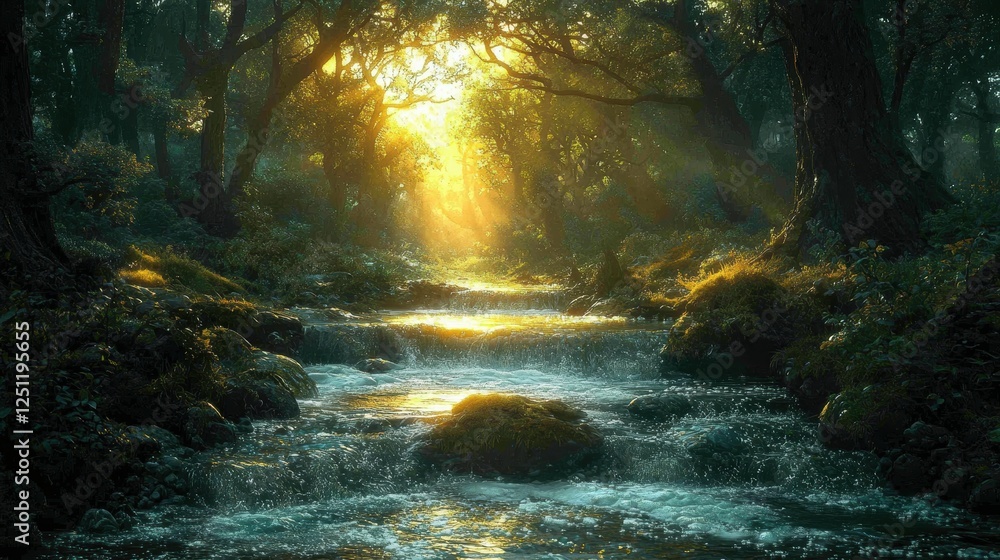 Poster a serene forest scene with sunlight streaming through trees over a flowing stream.