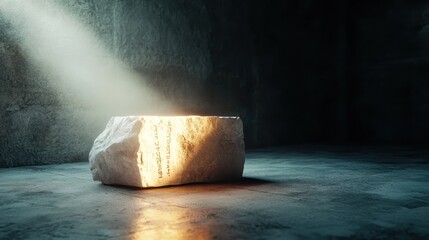 This mesmerizing image features a rough-hewn stone with glowing inscriptions, capturing the imagination and hinting at lost civilizations and the wisdom they may hold within.