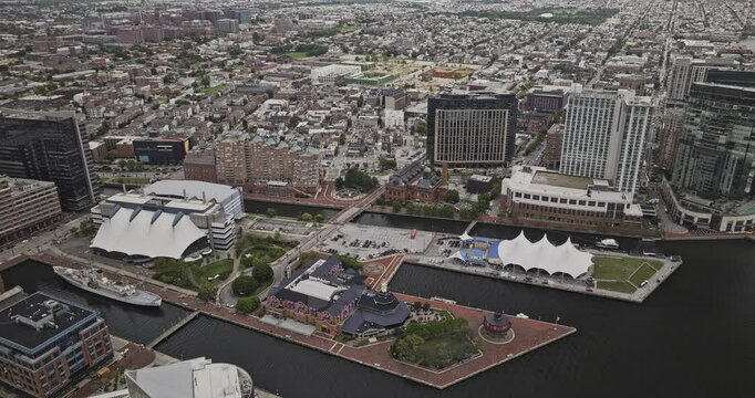 Baltimore Maryland Aerial v82 birds eye view drone flyover Inner Harbor capturing waterfront cityscape and views of Locust Point across Patapsco river - Shot with Mavic 3 Pro Cine - Sept 28th 2023