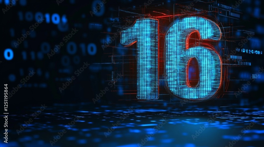 Aufkleber glowing 3d number 16 on a digital background, ideal for tech and innovation concepts.