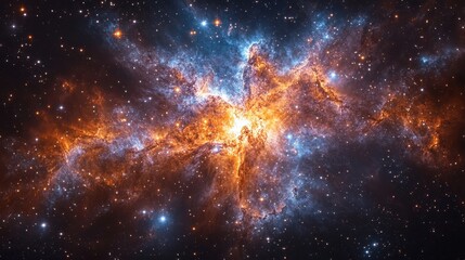 Naklejka premium Cosmic Nebula Fiery stellar birth, space dust, background stars, astronomy education