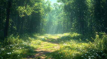 Obraz premium Lush forest path illuminated by sunlight, inviting exploration and tranquility.