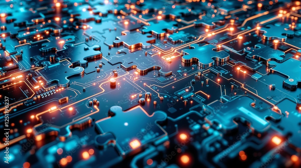 Poster Puzzle Pieces with Circuit Patterns Symbolizing Microservices Integration