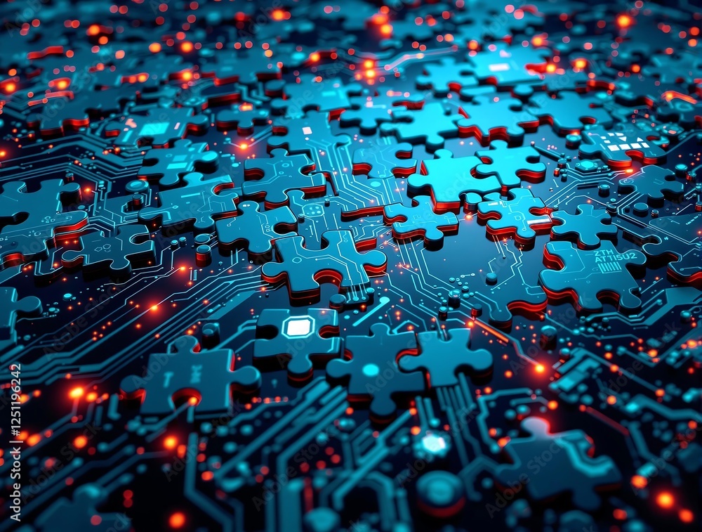 Poster puzzle pieces with circuit patterns symbolizing microservices integration