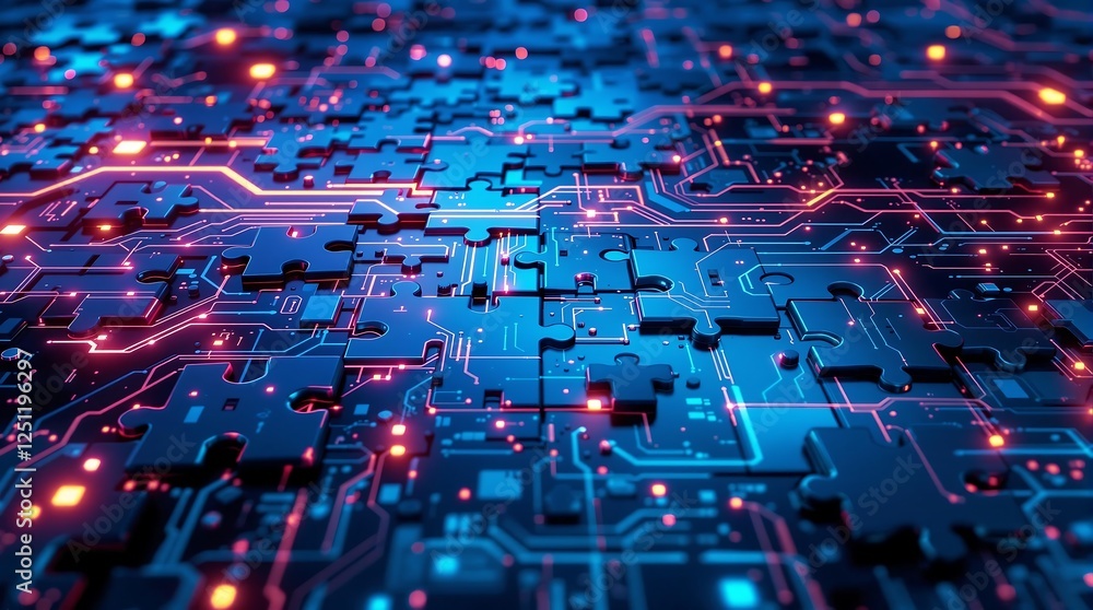 Poster puzzle pieces with circuit patterns symbolizing microservices integration