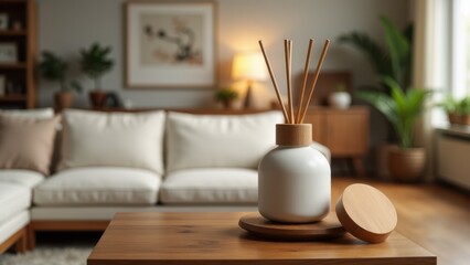 Fototapeta premium A diffuser with wooden sticks on a wooden table in a cozy living room setting.