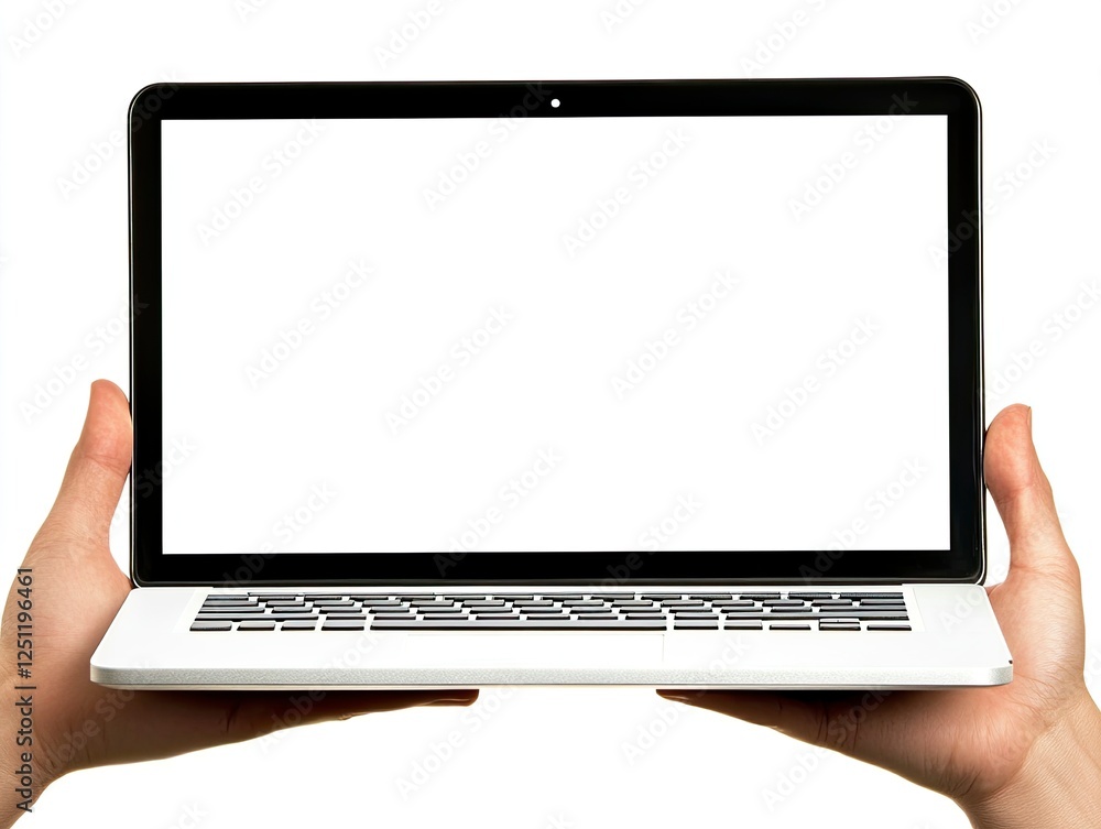 Poster a person holding an open laptop with a white screen, isolated on a white background. the computer is