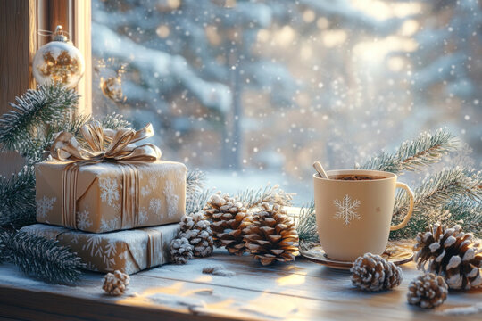 Christmas coffee cup and gift box on window sill with snow falling outside, cozy holiday vibe.
