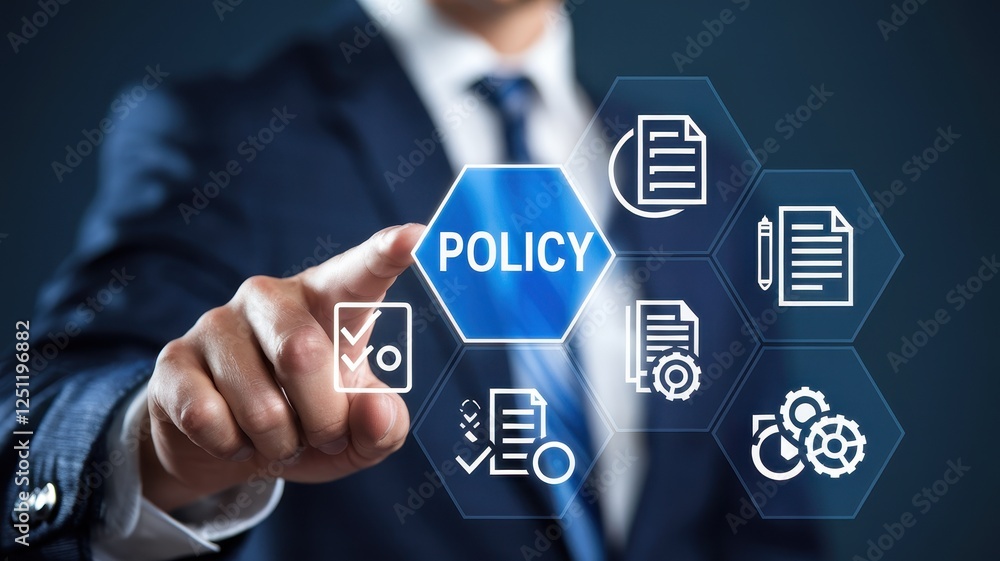 Poster businessman selecting policy on interactive interface