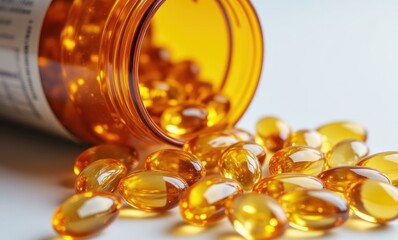 Amber capsules spilled from a bottle