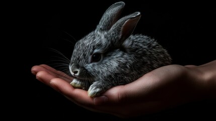 Naklejka premium rabbit in hand black background