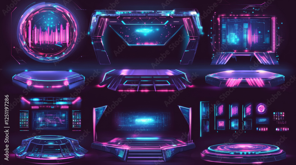 Poster a set of vector illustrations depicting a futuristic stage platform enhanced with digital elements, 