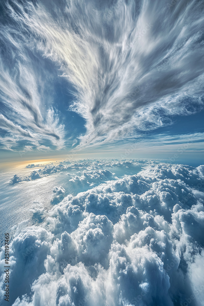 Poster Aerial view of dramatic cloudscape with bright, fluffy clouds and dynamic sky patterns, showcasing the natural beauty and serenity of the atmosphere.