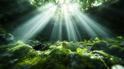Sunlight filters through the canopy, illuminating the forest floor, which is covered in vibrant green moss and creating a magical and tranquil atmosphere that invites exploration.