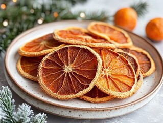 Festive Dried Orange Slices on Plate with Christmas Decorations, Holiday Treat