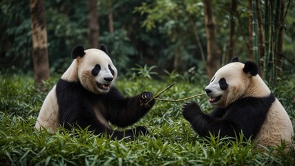 Obraz premium Two giant pandas playfully interact with bamboo in a lush, green environment, showcasing their gentle nature.