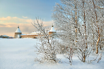 Solovki, Russia. Solovetsky Monastery. Winter on the Solovetsky Islands. Travel and tourism....