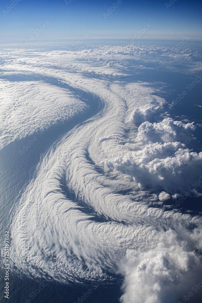 Poster aerial view of swirling cloud formations above the ocean, with dramatic textures and patterns in the